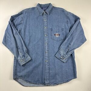 Vintage Hard Rock Cafe Denim Jean Shirt Hollywood Embroidered Guitars Mens Large